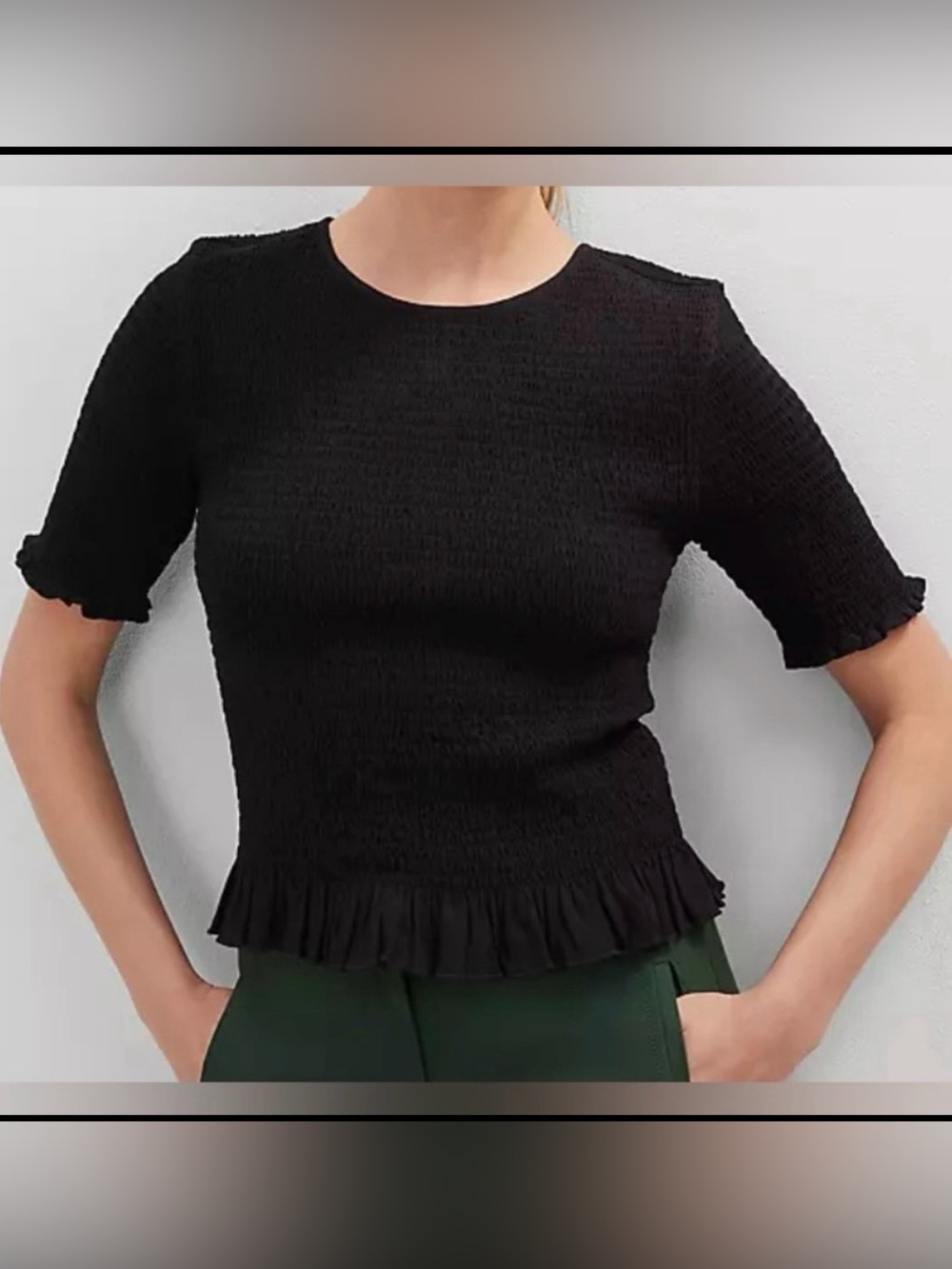 NWT, Ann Taylor Smocked Ruffle Trimmed Short Sleeve Shirt, Black, Size XS